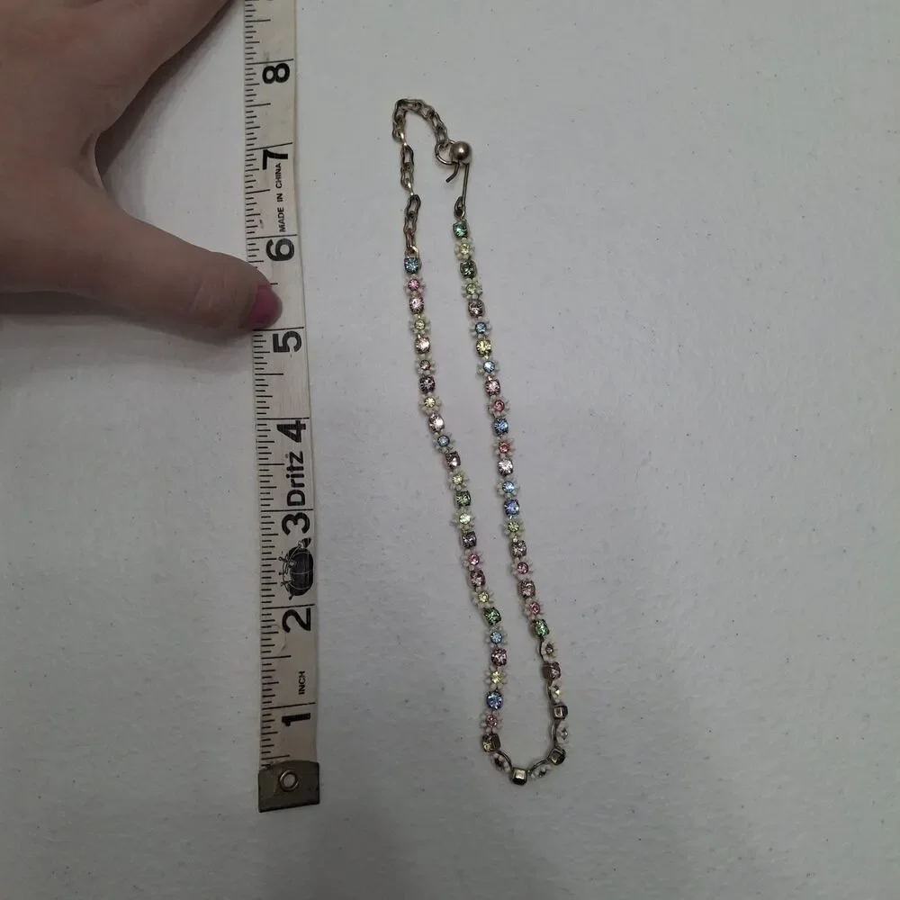 White Pink Blue Rhinestone Silver Tone Flower Floral Rhinestone Choker Necklace